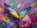 Schilderij van een blauw-gele vlinder tussen roze, paarse en witte bloemen