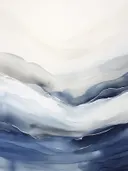 Abstract schilderij met golvende lagen in blauw en grijs.