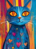 Schilderij van een blauwgrijze kat met kleurrijke hartjes op de vacht tegen een felgestreepte rood-gele-blauwe achtergrond