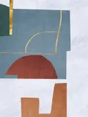 Abstract art deco schilderij met blauwgrijze vlakken en terracotta koepel