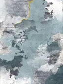 Abstract minimalistisch schilderij met blauwgrijze wolken en gouden lijn