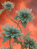 Schilderij van blauwgroene bloemen met krullende ranken tegen koraalkleurige achtergrond