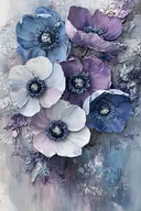 Blauwe, paarse en witte anemonen met donkere hartjes en reliëf-textuur
