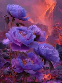 Schilderij van blauwpaarse pioenen voor een vulkanisch landschap met lavastromen