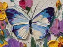 Schilderij van een blauw-paarse vlinder tussen witte bloemen