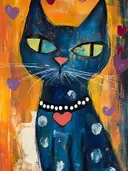 Blauwzwarte kat met halsband en hartjes, dieren schilderij