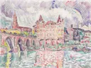 Blick auf Montauban bei Regen van Paul Signac: stad met brug, huizen, rivier en regenboog, in roze en violet