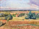 Blick vom Weyerberg van Otto Modersohn: landschap met velden, vergezicht, dorp en bomen, in zacht groen en roze