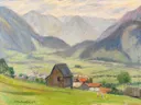 Bllick ins Tal (Hindelang) 1934 van Otto Modersohn: landschap met bergen, dal, dorp en weiden, in groen en zachtblauw