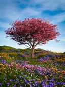 Boom in roze bloesem op een heuvel vol kleurrijke wilde bloemen
