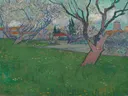 Bloeiende boomgaarden, gezicht op Arles van Vincent van Gogh: landschap met bloesem, boomgaard, lente en gras, in zacht roze en groen