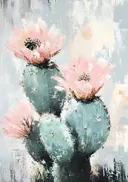 Bloeiende cactus in pastel, schilderij van een bloeiende cactus met roze bloemen