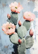 Bloeiende cactus met roze bloemen op lichtblauw, schilderij van een bloeiende cactus met roze bloemen