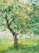 Schilderij van een fruitboom vol vruchten in een grasveld.