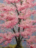 Schilderij van een volledig bloeiende roze kersenboom