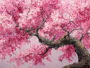 Schilderij van een bloeiende kersenboom met zichtbare stam en takken