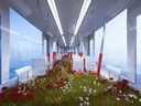 Surrealistische treincoupé gevuld met gras en bloemen, met uitzicht op zee door de ramen.