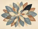 Bloem-mandala in de stijl Modern Bauhaus, in gedempt blauwgrijs, romige crème en terracotta, met een diepzwart accent