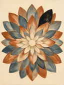 Bloem-mandala in de stijl Modern Bauhaus, in gedempt blauwgrijs, romige crème en terracotta, met een diepzwart accent