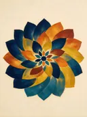 Bloem-mandala in de stijl Modern Bauhaus, in gedurfd marineblauw, mosterdgeel, warm oranje, baksteenrood en petrolblauw
