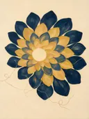 Bloem-mandala in de stijl Modern Bauhaus, in mosterdgeel, warm perzik en dieper marineblauw, met romige crème