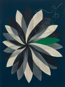 Bloem-mandala in de stijl Modern Bauhaus, in houtskool, leigrijs en gebroken wit, met een fel smaragdgroen accent