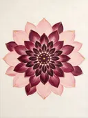 Bloem-mandala in de stijl Modern Bauhaus, in aubergine, diep magenta en zacht blos, met een dunne gouden lijn