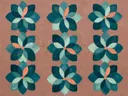 Bloem-mandala in de stijl Modern Bauhaus, in diep zeegroen, petrolblauw en bleek zeeschuim, met een warm koraalrood accent
