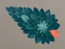 Bloem-mandala in de stijl Modern Bauhaus, in diep zeegroen, petrolblauw en bleek zeeschuim, met een warm koraalrood accent