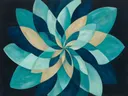 Bloem-mandala in de stijl Modern Bauhaus, in diep zeeblauw, turkoois en bleek aqua, met warm zand