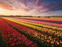 Landschapsfoto van bloembollenveld bij het gouden uur, met een kleine kudde paarden