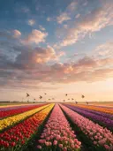 Landschapsfoto van bloembollenveld bij het gouden uur, met zwaluwen laag over de bloemen