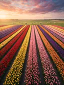 Landschapsfoto van bloembollenveld bij het gouden uur, met een kudde schapen