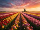 Landschapsfoto van bloembollenveld bij het gouden uur, met een windmolen in de verte