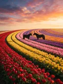 Landschapsfoto van bloembollenveld bij het gouden uur, met twee paarden die elkaar aankijken