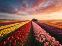 Landschapsfoto van bloembollenveld bij het gouden uur, met een oude tractor