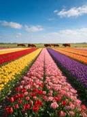 Landschapsfoto van bloembollenveld bij volle zon, met een kudde Schotse Hooglanders