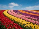 Landschapsfoto van bloembollenveld bij volle zon, met een reekalfje
