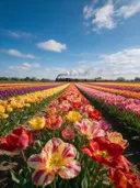 Landschapsfoto van bloembollenveld bij volle zon, met een stoomtrein in de verte
