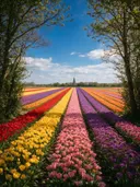 Landschapsfoto van bloembollenveld bij volle zon, met een kerktoren die boven de bomen uitsteekt