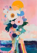 Schilderij van bloemen bij zonsondergang