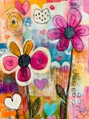 Kleurrijk mixed-media schilderij met grote roze en gele bloemen en diverse hartjes op een geschilderde achtergrond