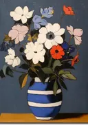 Schilderij van bloemen in een gestreepte vaas