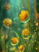 Schilderij van gele bloemen binnenin zwevende glazen bellen