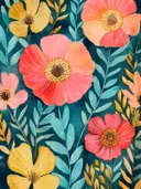 Aquarel schilderij van bloemen in geel en roze op een smaragdgroene achtergrond met gouden bladeren