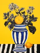 Stilleven met bloemen in een blauw-wit gestreepte vaas, sinaasappel en citroen tegen gele achtergrond.