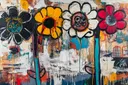 Speelse cartoonachtige bloemen met gezichtjes in oranje wit en rood