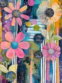 Roze en oranje bloemen met donkerblauwe, getekende middens op een kleurrijke, gestreepte achtergrond.