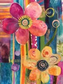 Twee grote bloemen met spiraalvormige middens in roze, geel en marineblauw, omgeven door krullende ranken.