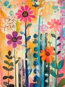 Bloemen op stelen in abstracte kleuren, botanisch schilderij